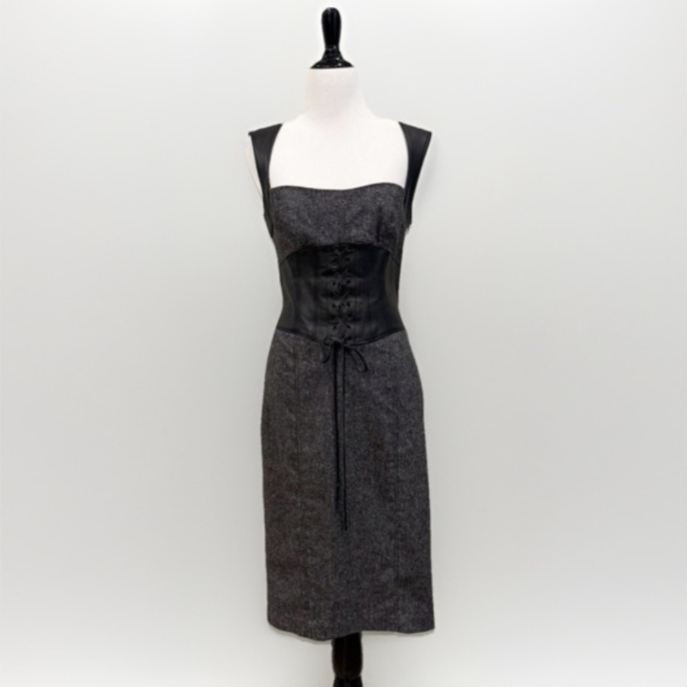 Bebe Vintage Y2K Real Leather Corset Wool Midi Pencil Dress Gray Tweed Size 8 - Picture 3 of 11